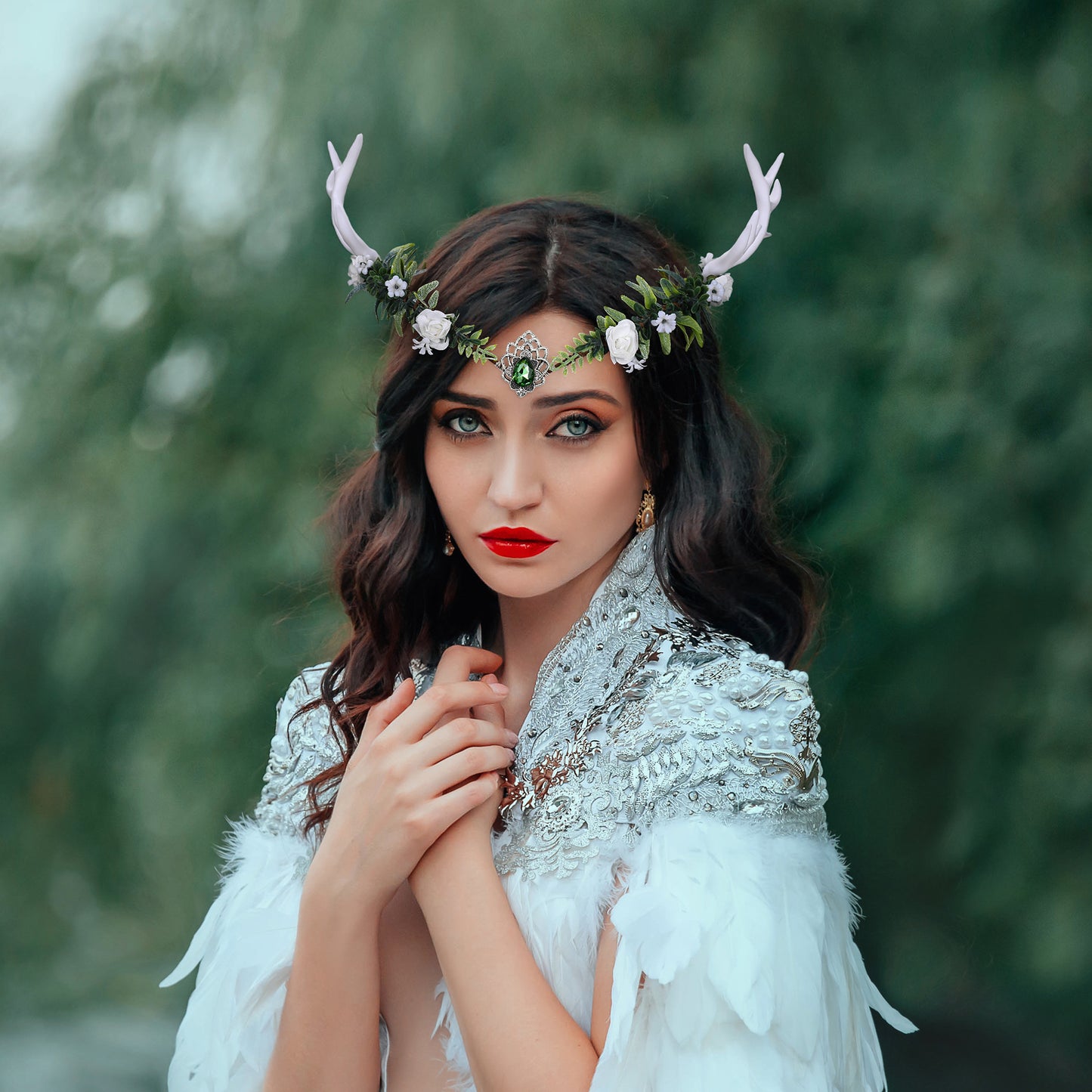 White Antler Fairy Crown: Green Forest Elf Tiara