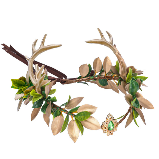 Antler Fairy Crown Gold: Green Leaf Headpiece
