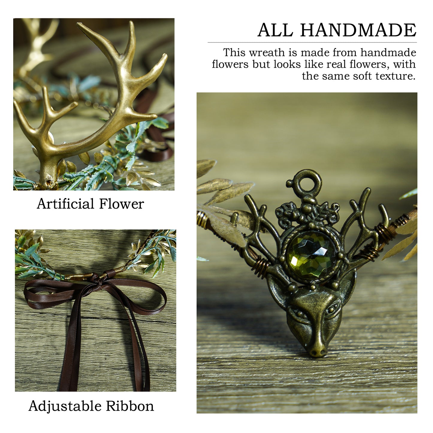 Handmade Woodland Gold Antler Crown - Forest Flower Headband