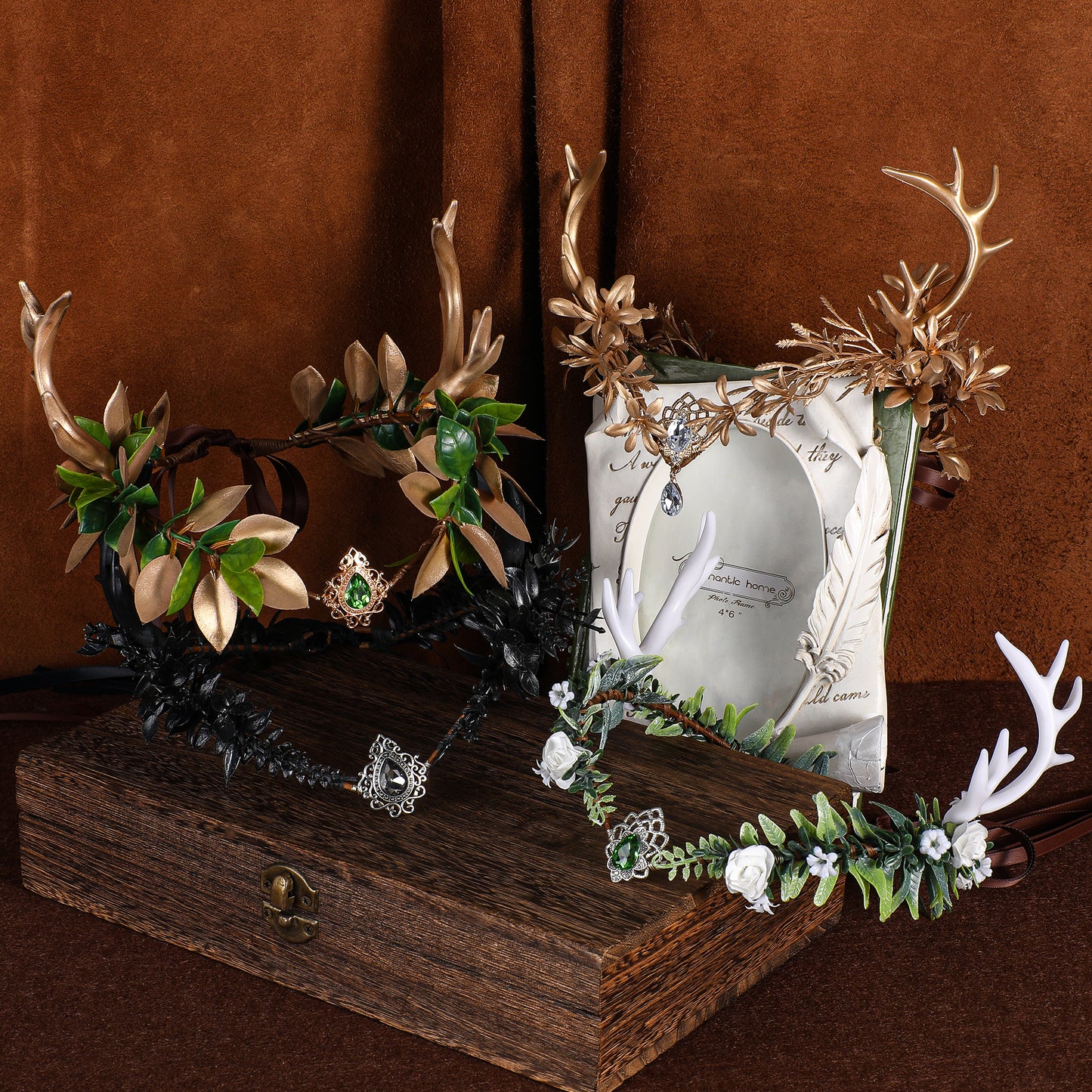 White Antler Fairy Crown: Green Forest Elf Tiara