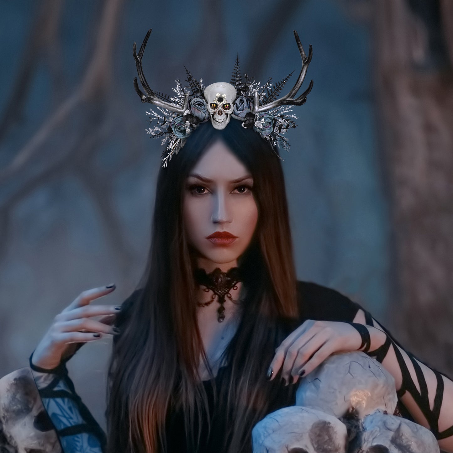 Dark Antler Headband: Black Skull Flower Hairband