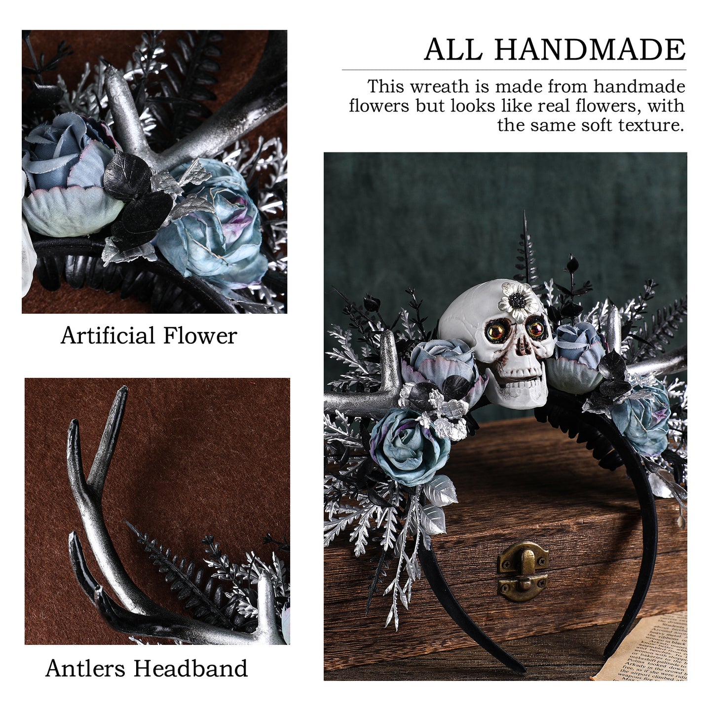 Dark Antler Headband: Black Skull Flower Hairband