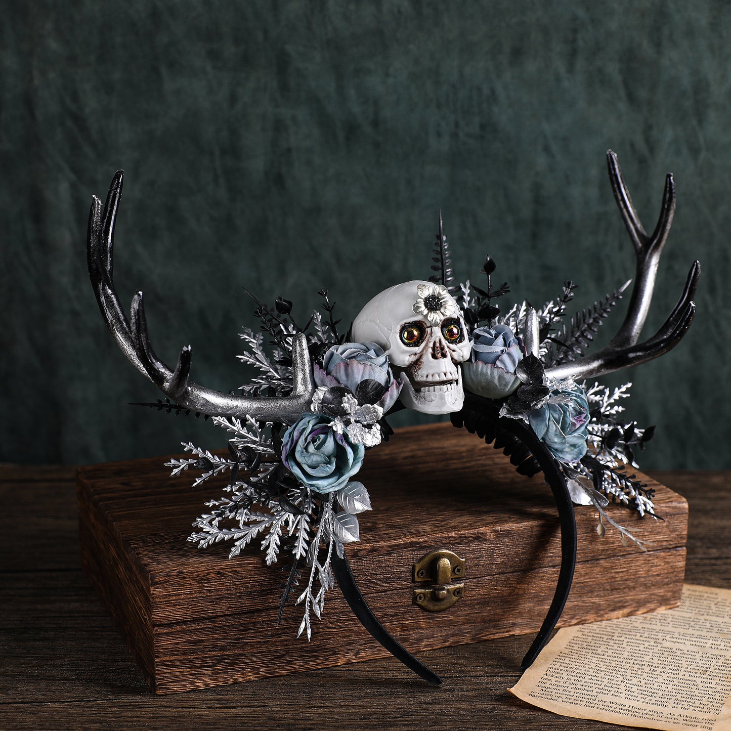 Dark Antler Headband: Black Skull Flower Hairband