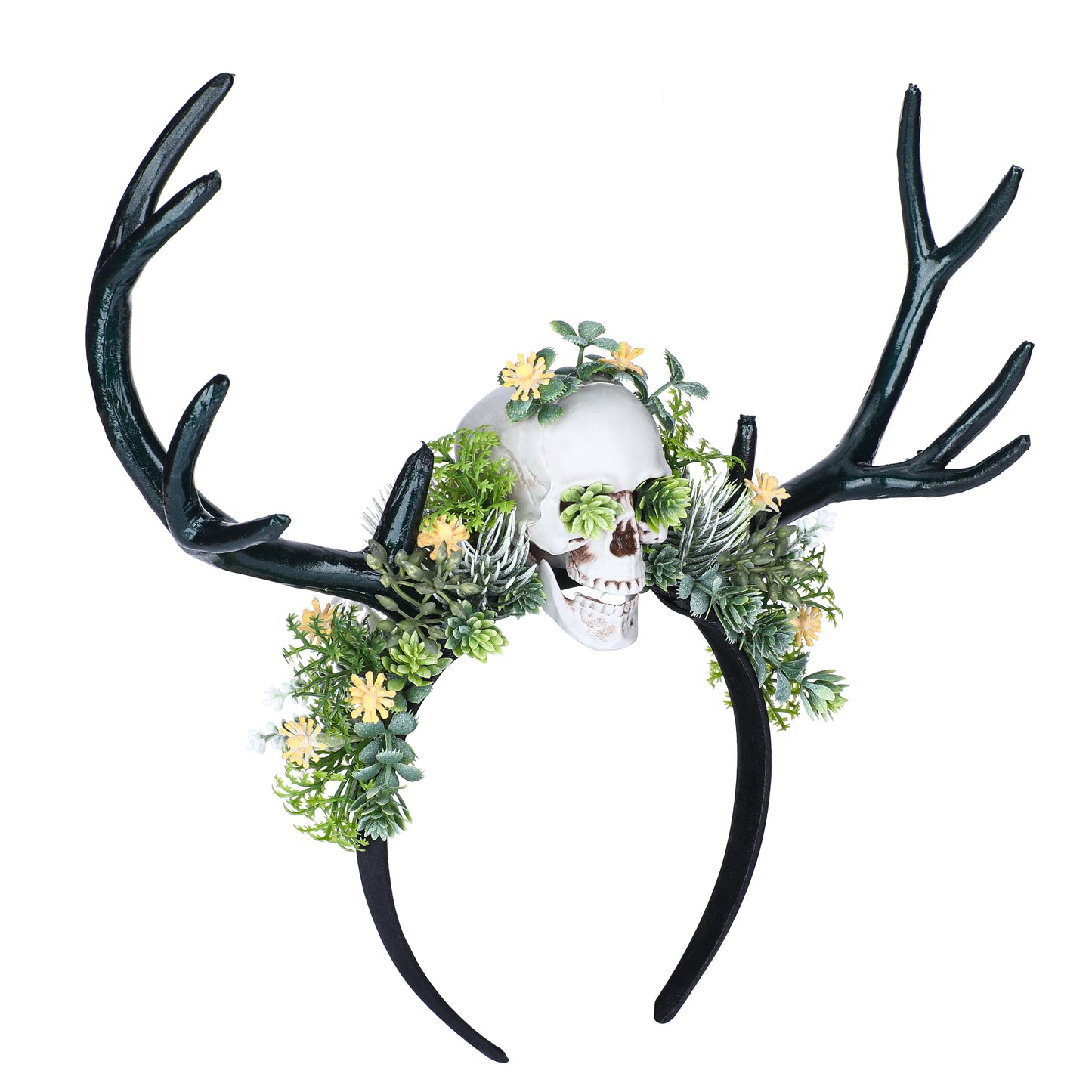 Black Antler Headband with Skull: Dark Forest Flower Hairband