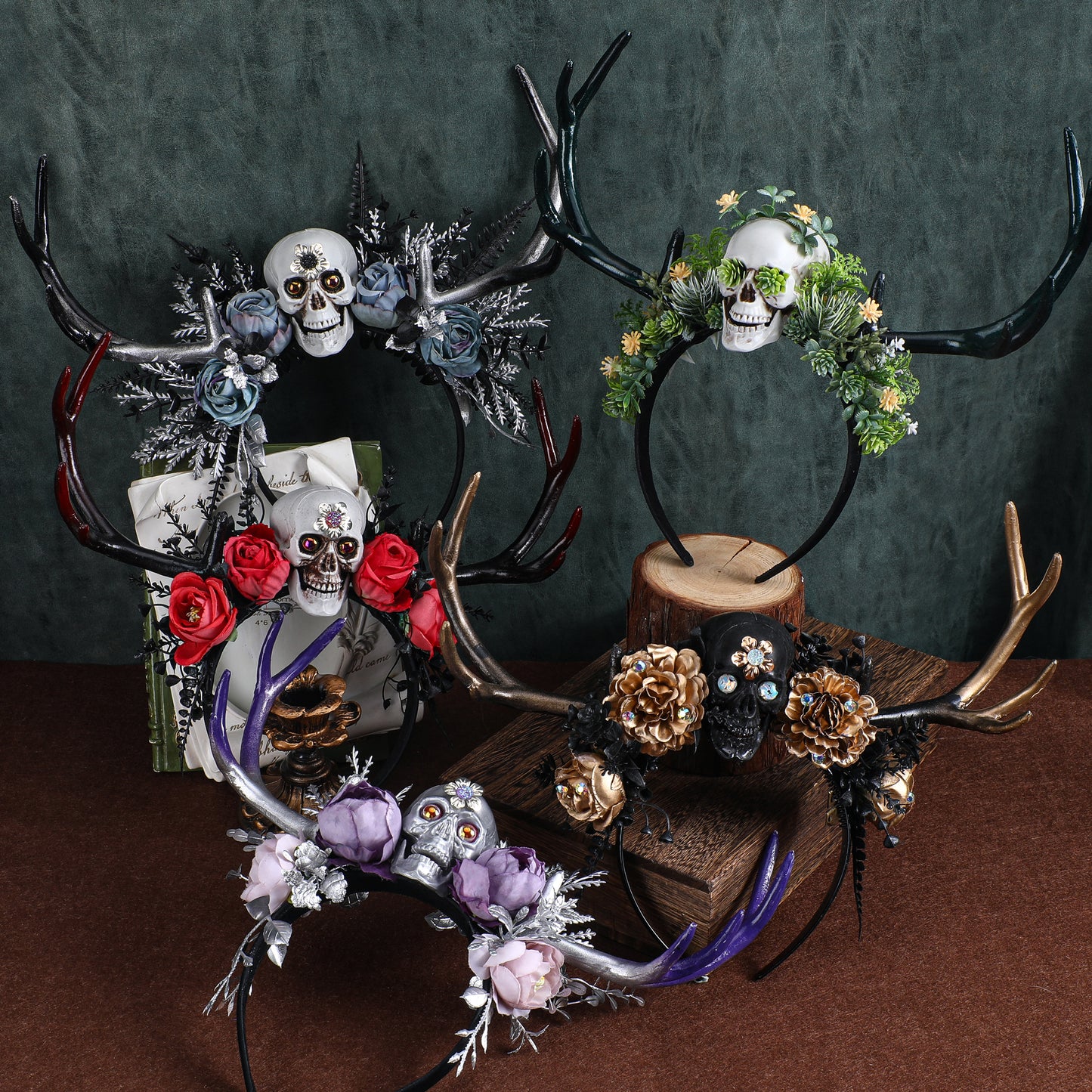 Dark Antler Headband: Black Skull Flower Hairband