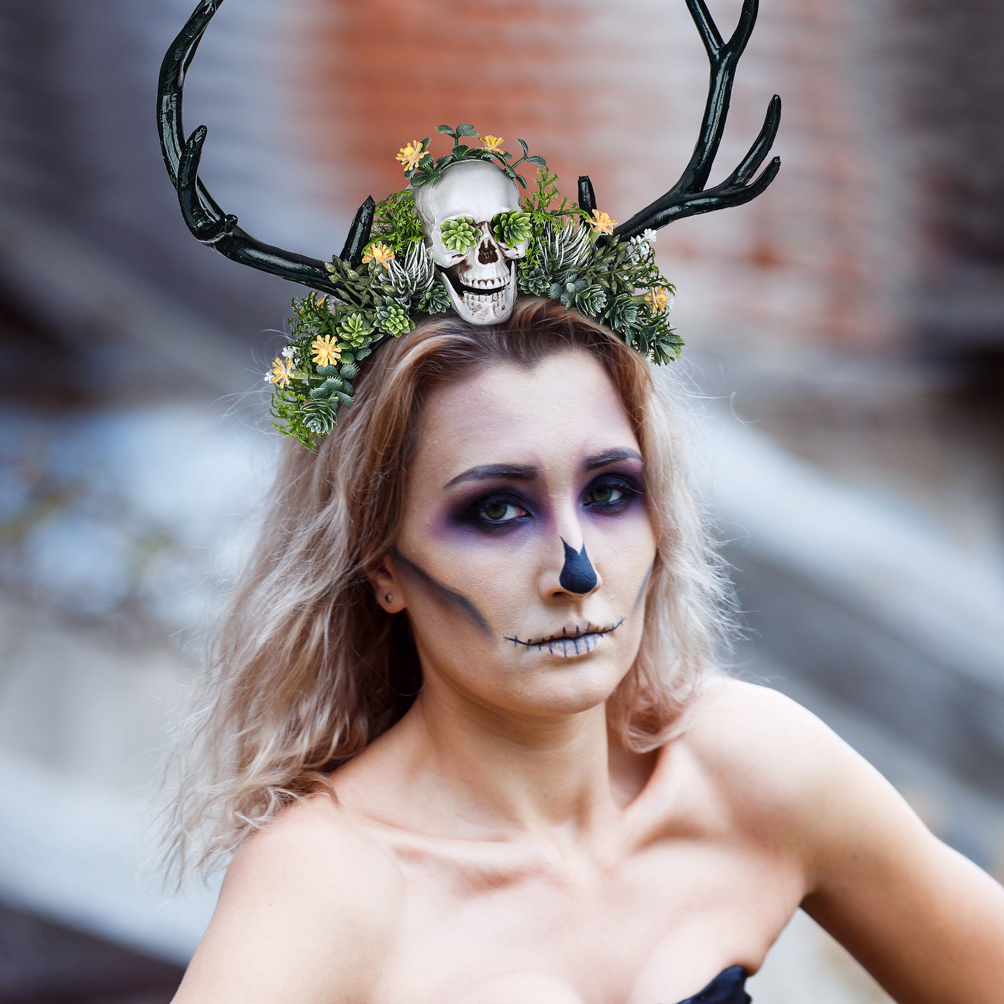 Black Antler Headband with Skull: Dark Forest Flower Hairband