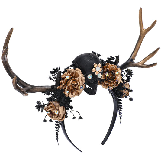 Gold Black Skull Antler Headband: Gothic Branch Hairband