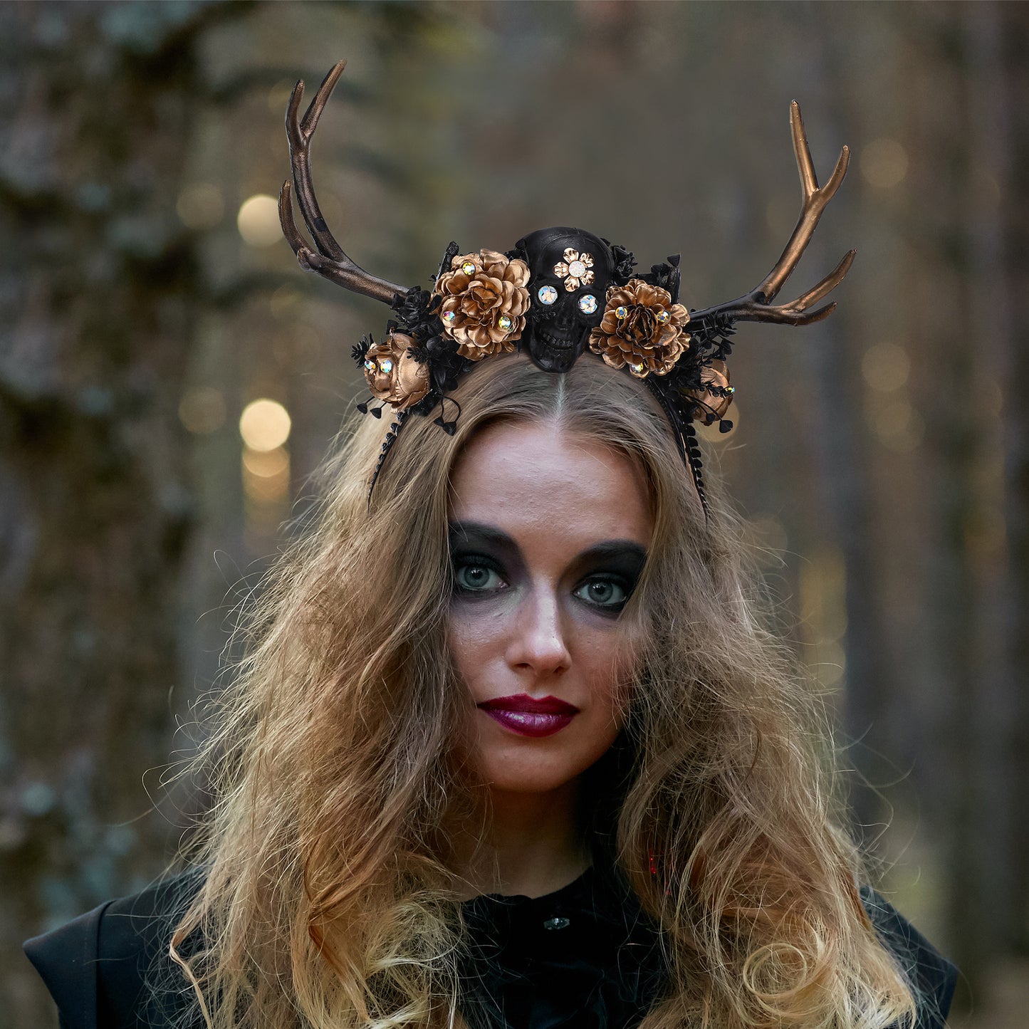 Gold Black Skull Antler Headband: Gothic Branch Hairband