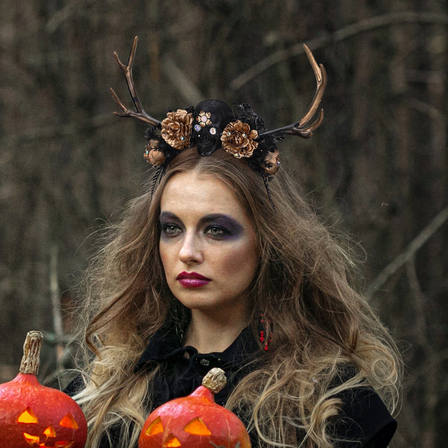 Gold Black Skull Antler Headband: Gothic Branch Hairband