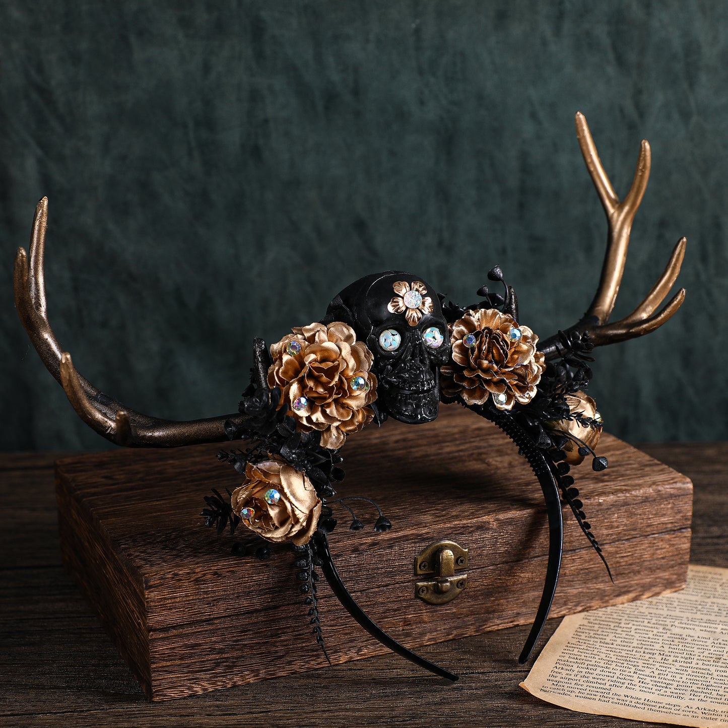 Gold Black Skull Antler Headband: Gothic Branch Hairband