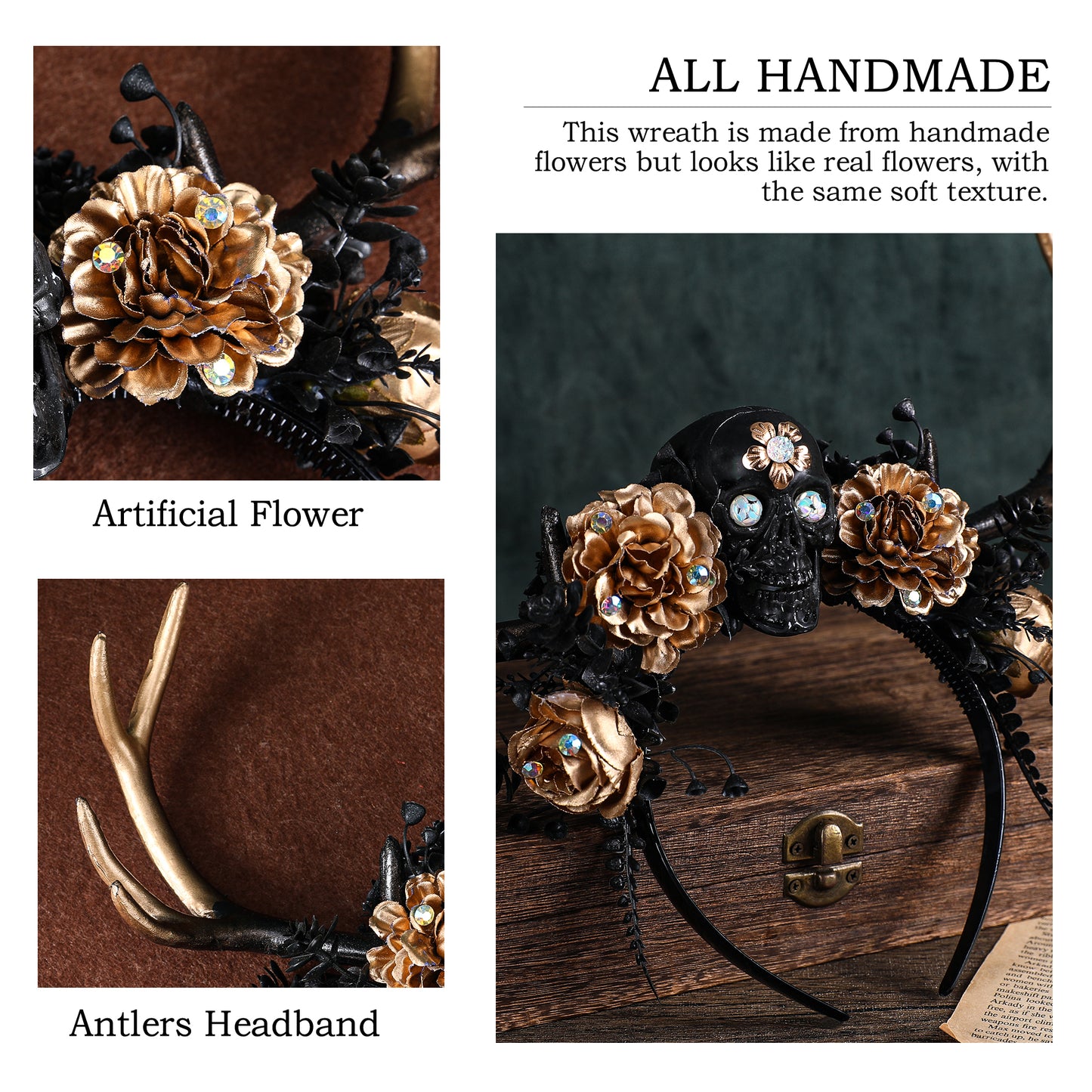 Gold Black Skull Antler Headband: Gothic Branch Hairband