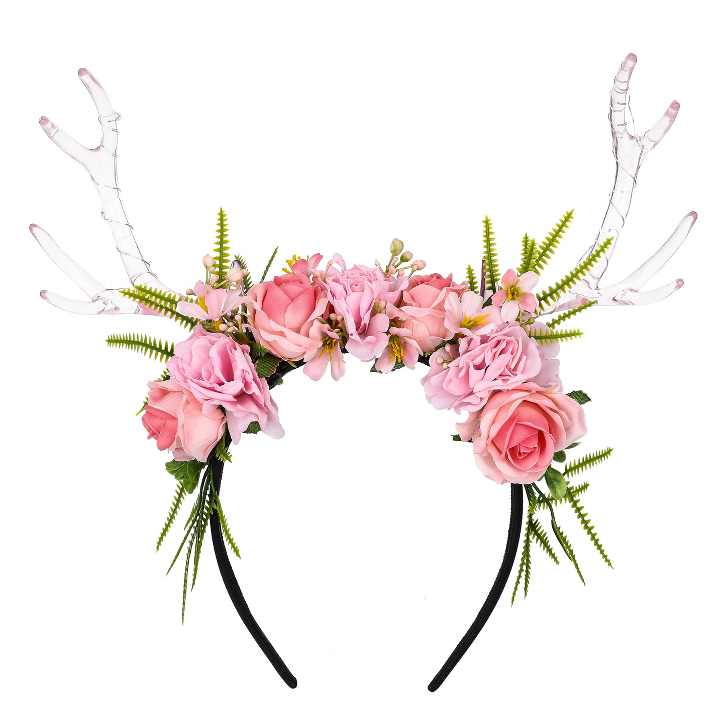 Handmade Pink Flower Antler Headband - LED Floral Hairband Light up Reindeer Headbands