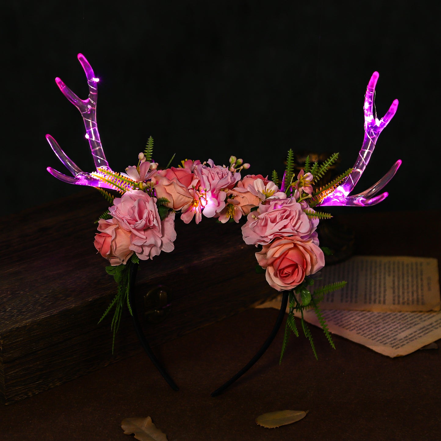 Handmade Pink Flower Antler Headband - LED Floral Hairband Light up Reindeer Headbands