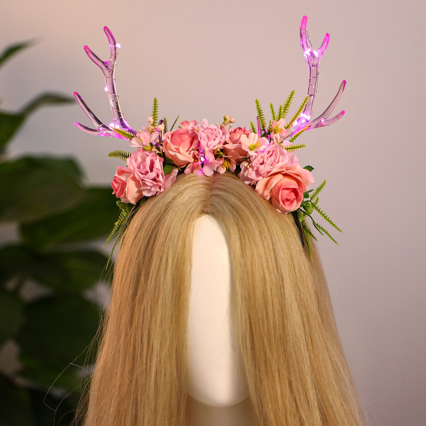 Handmade Pink Flower Antler Headband - LED Floral Hairband Light up Reindeer Headbands