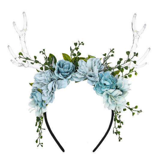 Handmade Light up Blue Flower Antler Headband - LED Reindeer Hairdband