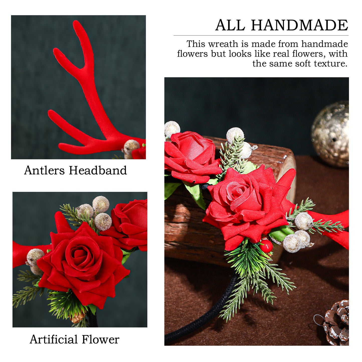 Handmade Chirstmas Red Antler Headband - Fairy Flower Reindeer Headpiece