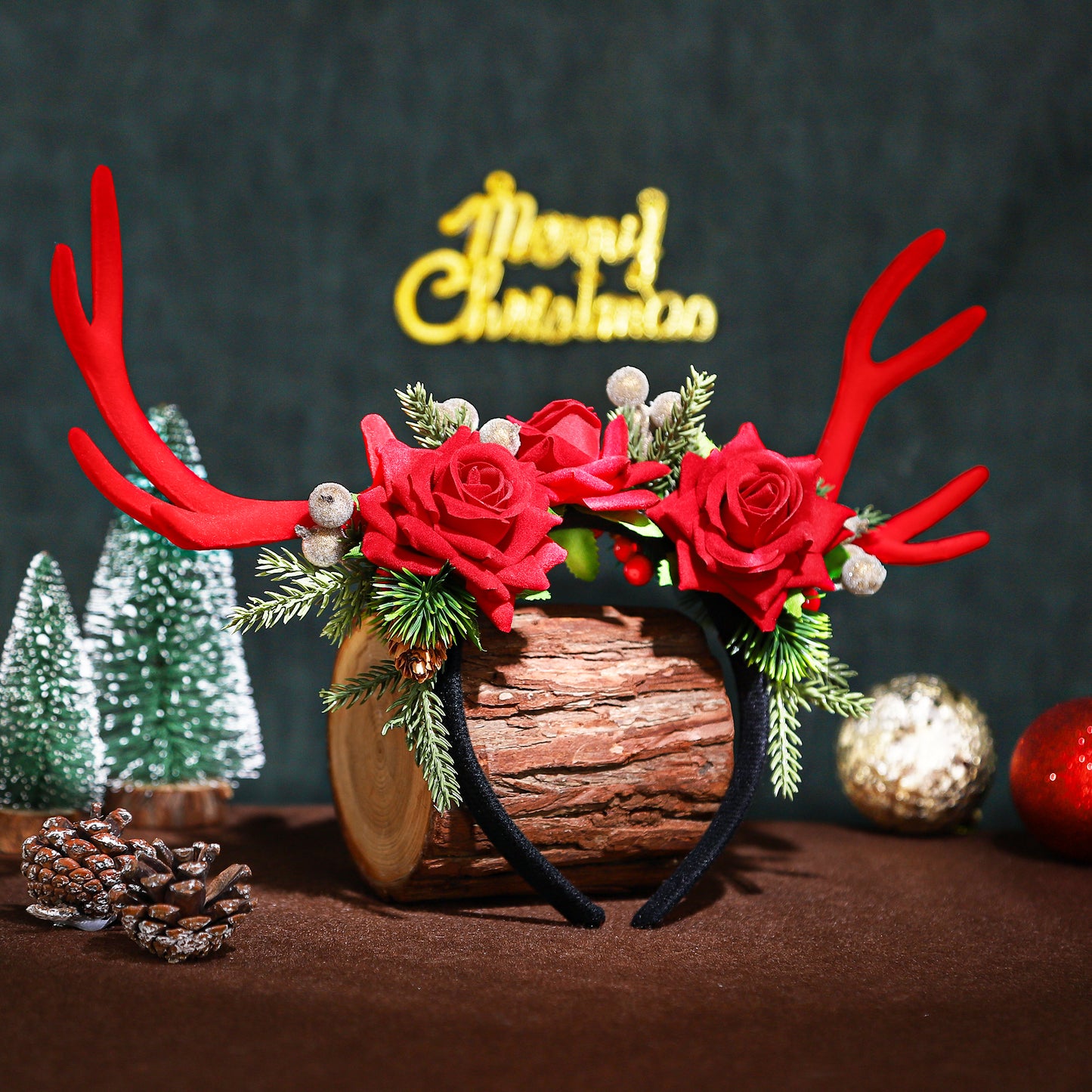 Handmade Chirstmas Red Antler Headband - Fairy Flower Reindeer Headpiece