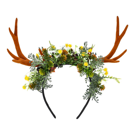 Handmade Flower Brown Antler Headband - Woodland Deer Horns Hairband