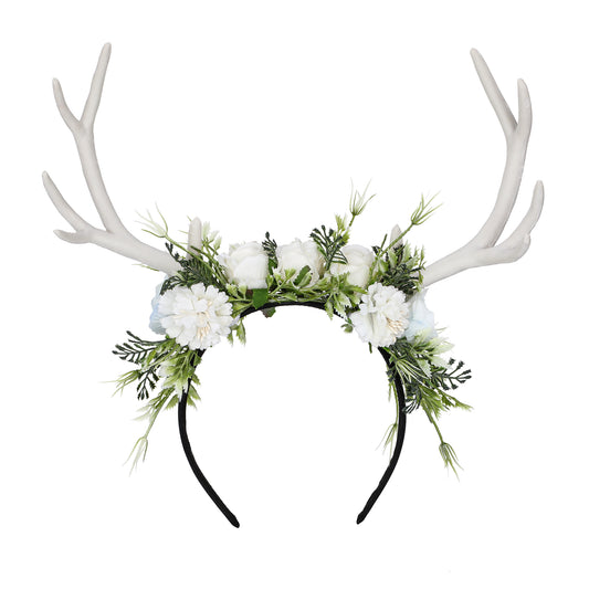 Handmade White Flower Antler Headpiece - Woodland Reindeer Headband