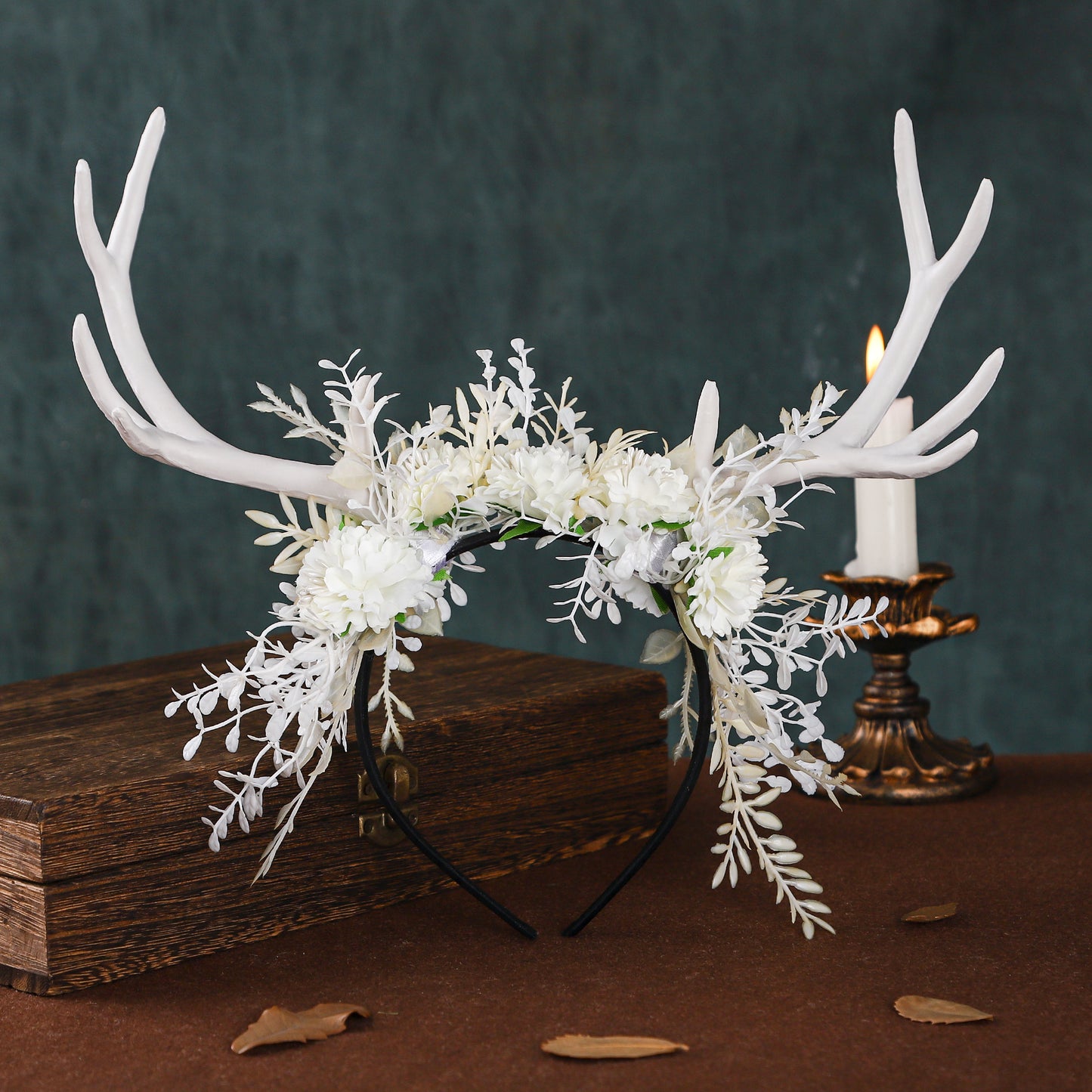 Handmade White Flower Antler Headband - Woodland Floral Hairband