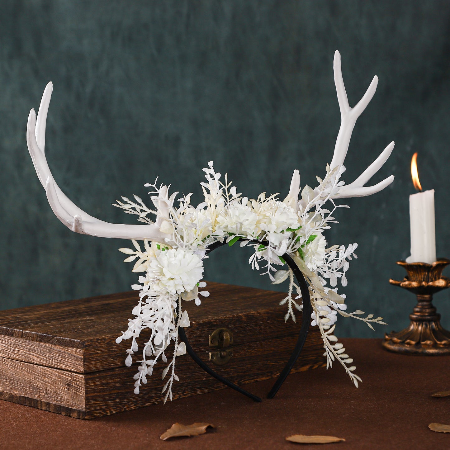 Handmade White Flower Antler Headband - Woodland Floral Hairband