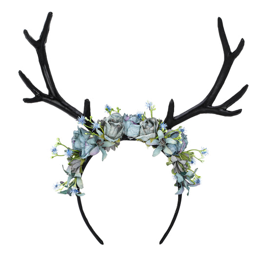 Handmade Black Flower Antler Headband - Woodland Floral Reindeer Headpiece