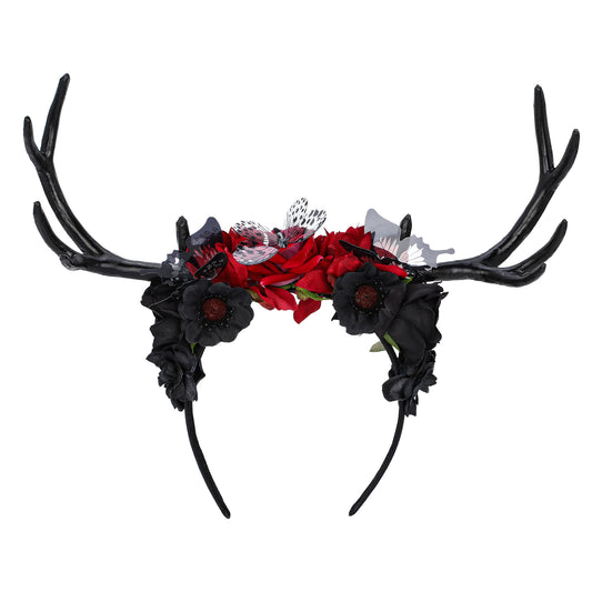 Handmade Black Antler Headband - Gothic Reindeer Headpiece Flower Dark Horns