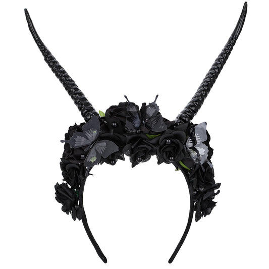 Handmade Black Halloween Horns Headband - Gothic Devil Goat Horn Hairband