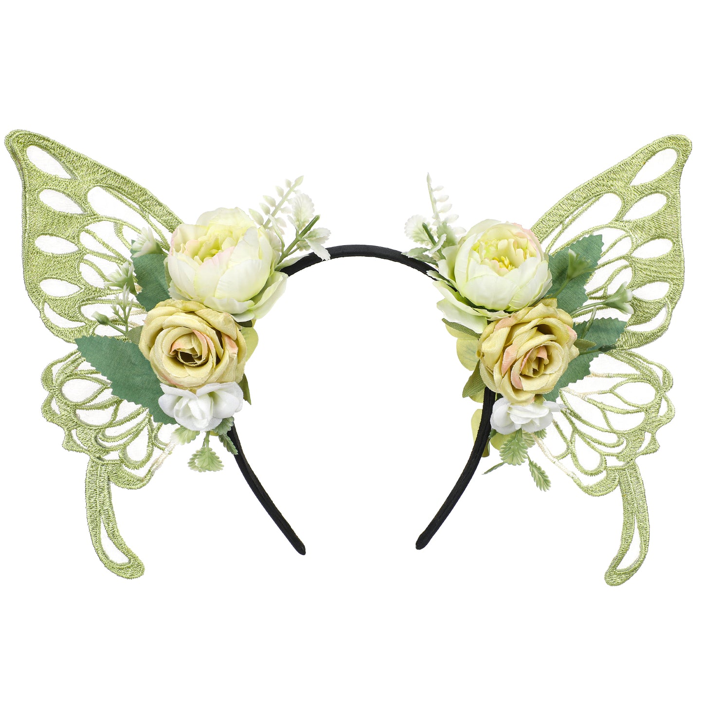 Green Fairy Flower Crown - Butterfly Wings Headband Floral Hairband Woodland Headpiece Fairy Costume