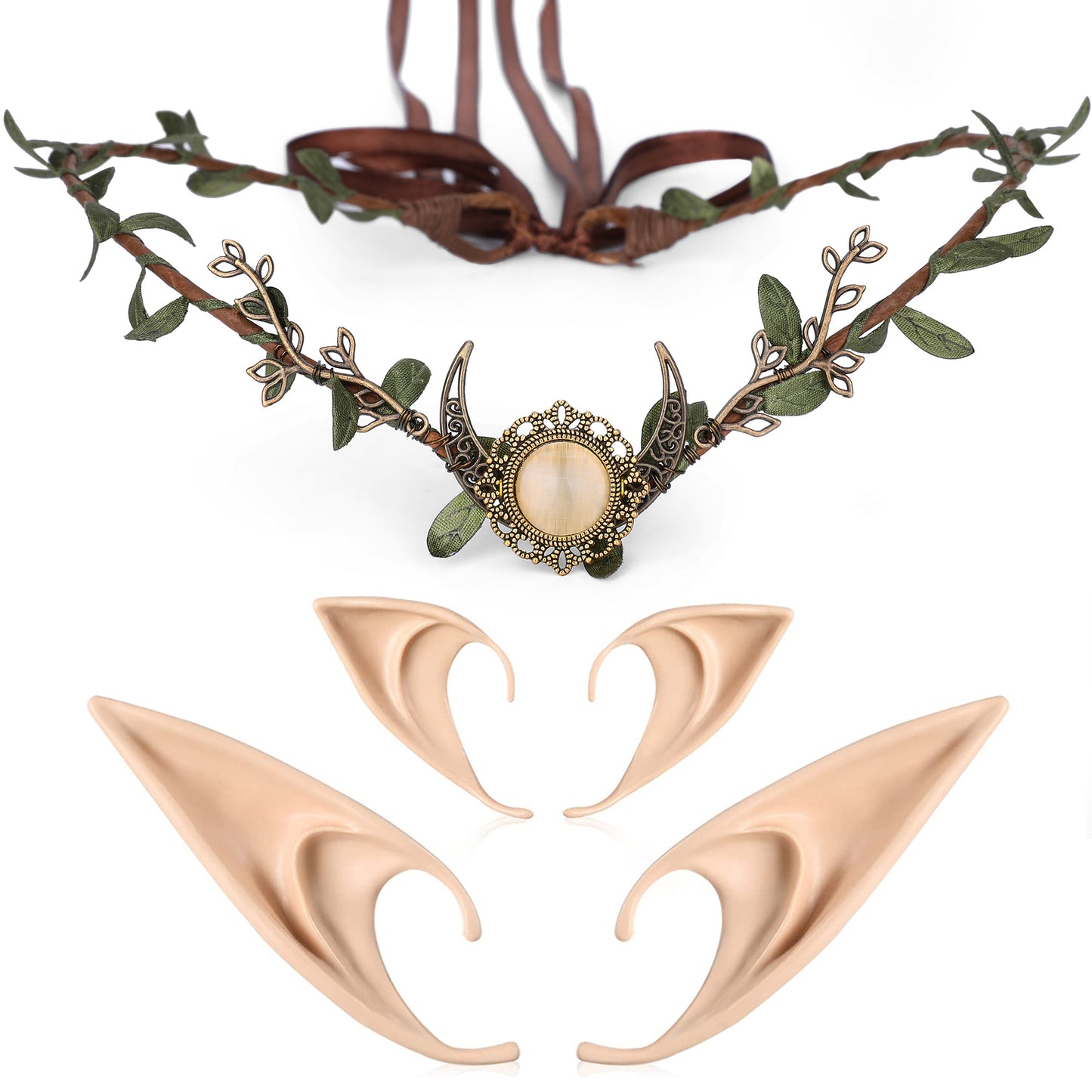 Elf Ears with Woodland Moon: Forest Headpiece, Fairy Leaf Crown