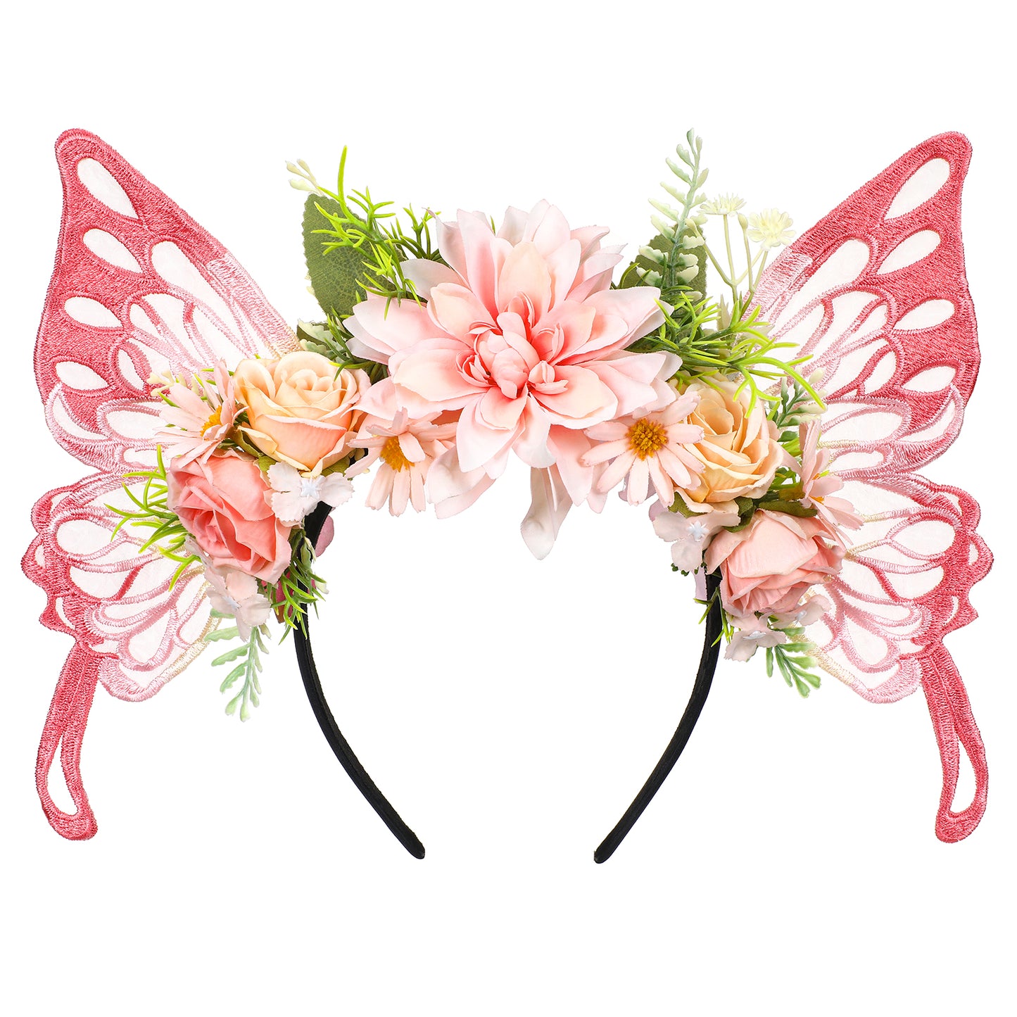 Pink Butterfly Fairy Crown - Flower Headband with Wings Woodland Floral Hairband Forest Elf Headpiece for Women