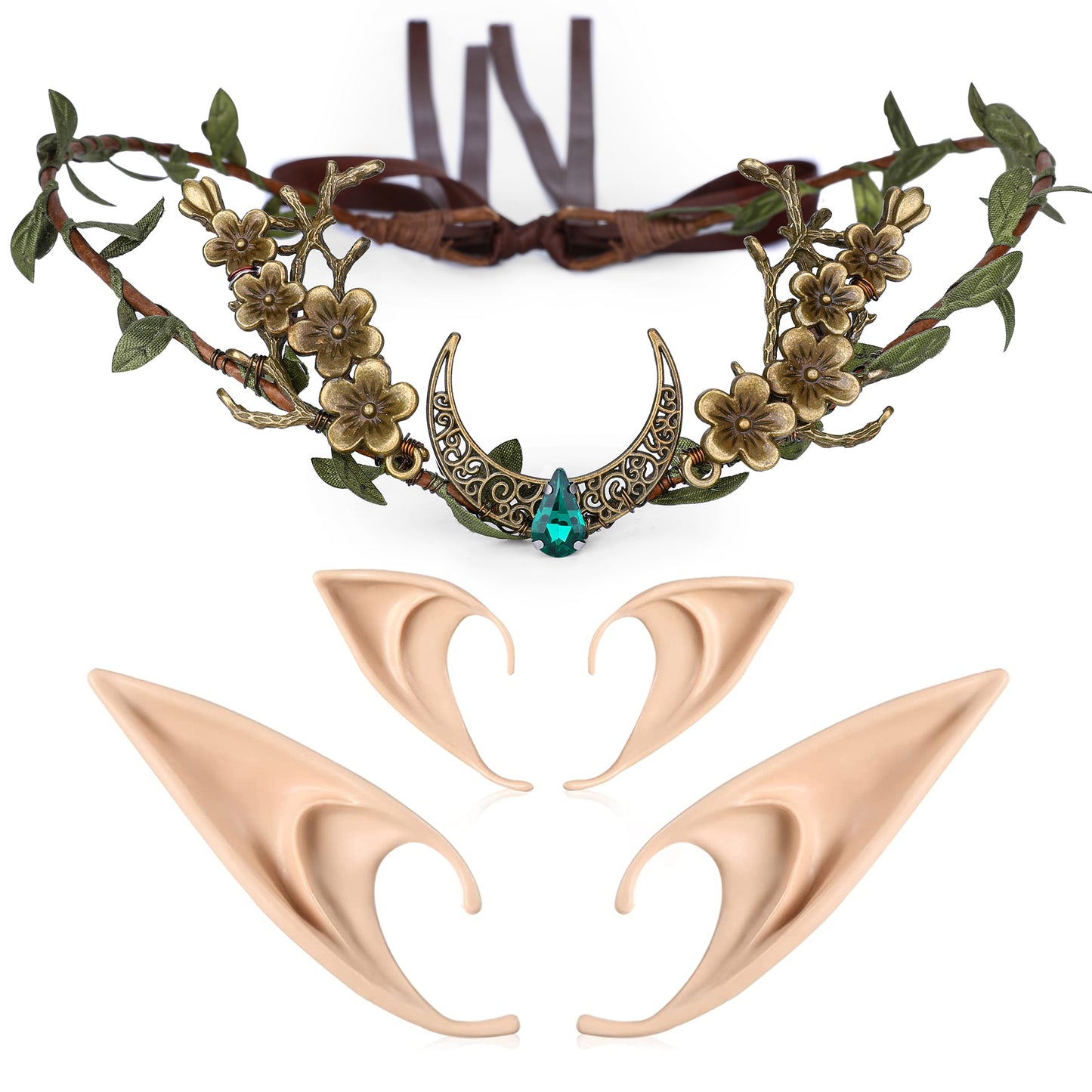 Elf Ears with Wood Leaf Crown: Peach Flower Fairy Circlet, Soft Pointed Elf Ears