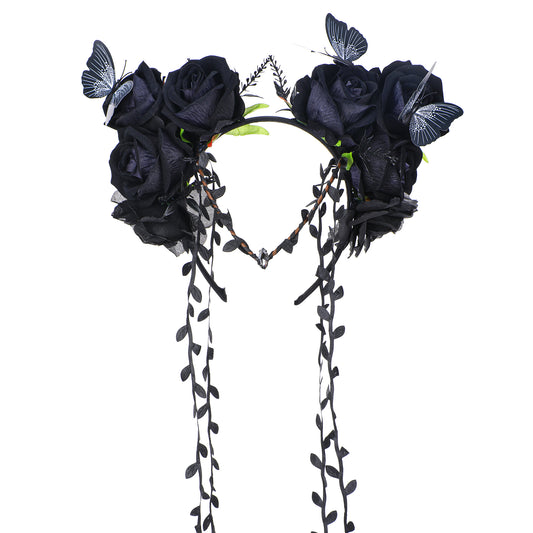 Black Flower Crown Headband - Handmade Gothic Floral Headpiece