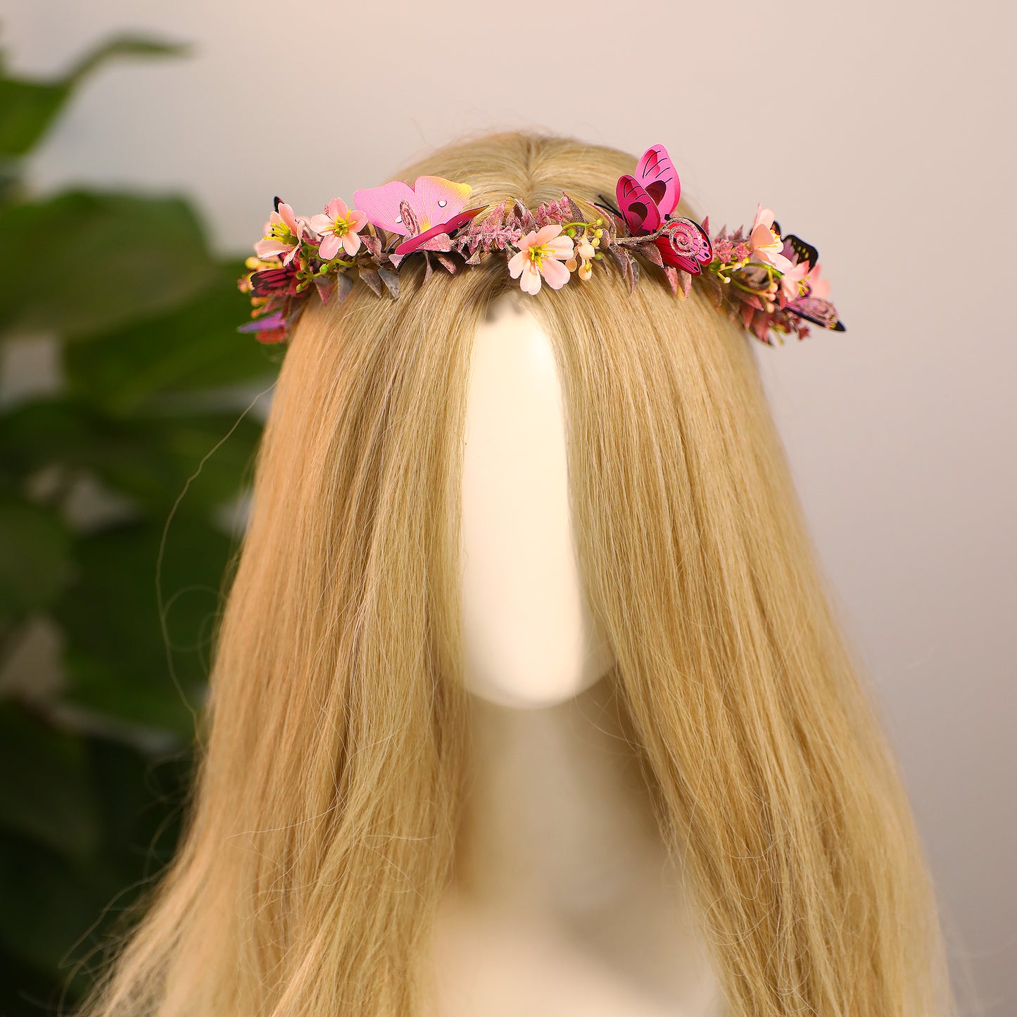 Handmade Pink Flower Butterfly Crown - Floral Elf Crown Woodland Fairy Headpiece Forest ELven Circlet