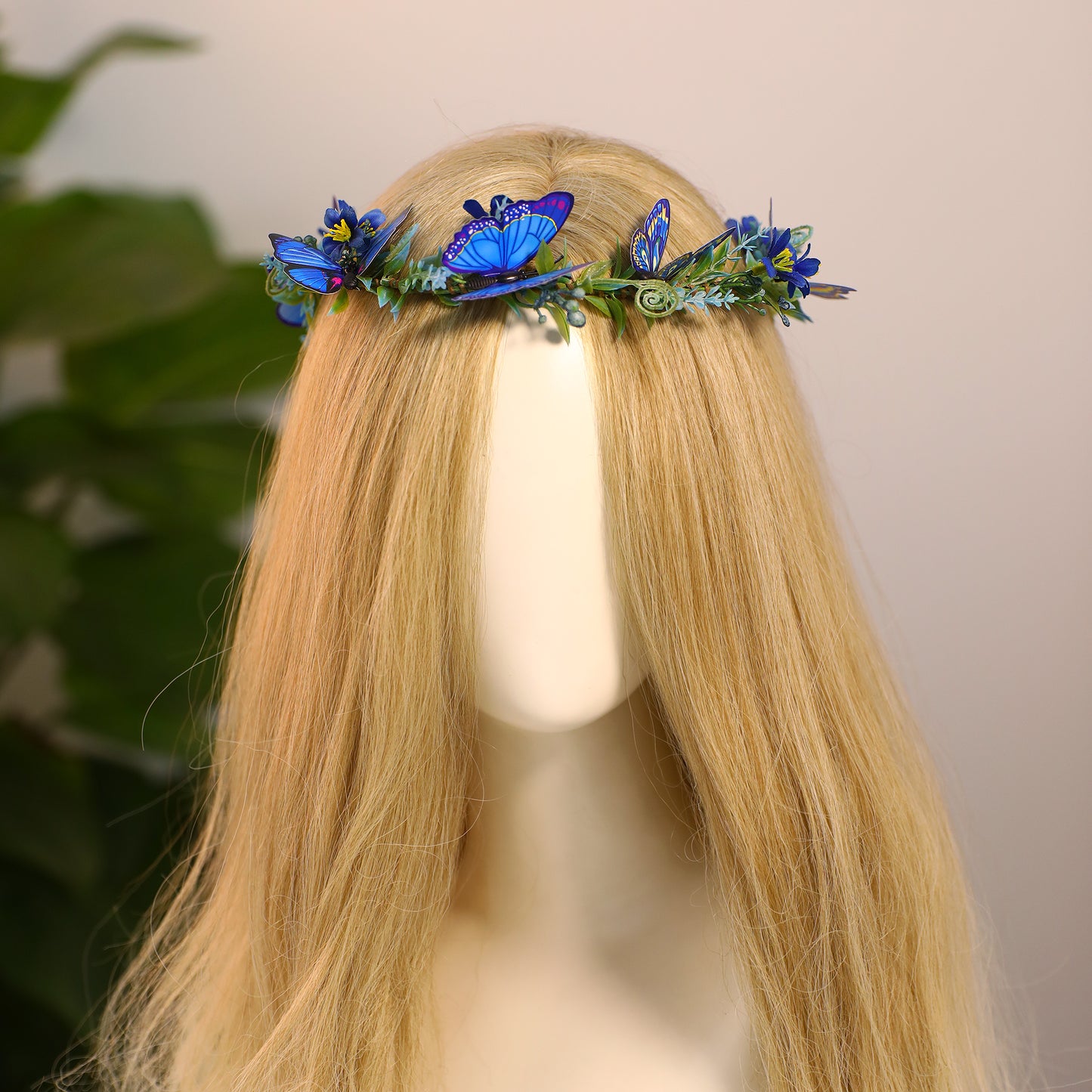 Handmade Blue Flower Butterfly Crown - Floral Elf Crown Woodland Fairy Headpiece Forest ELven Circlet