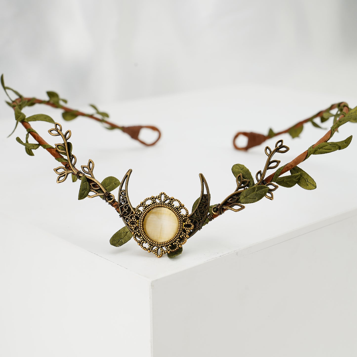 Elf Ears with Woodland Moon: Forest Headpiece, Fairy Leaf Crown