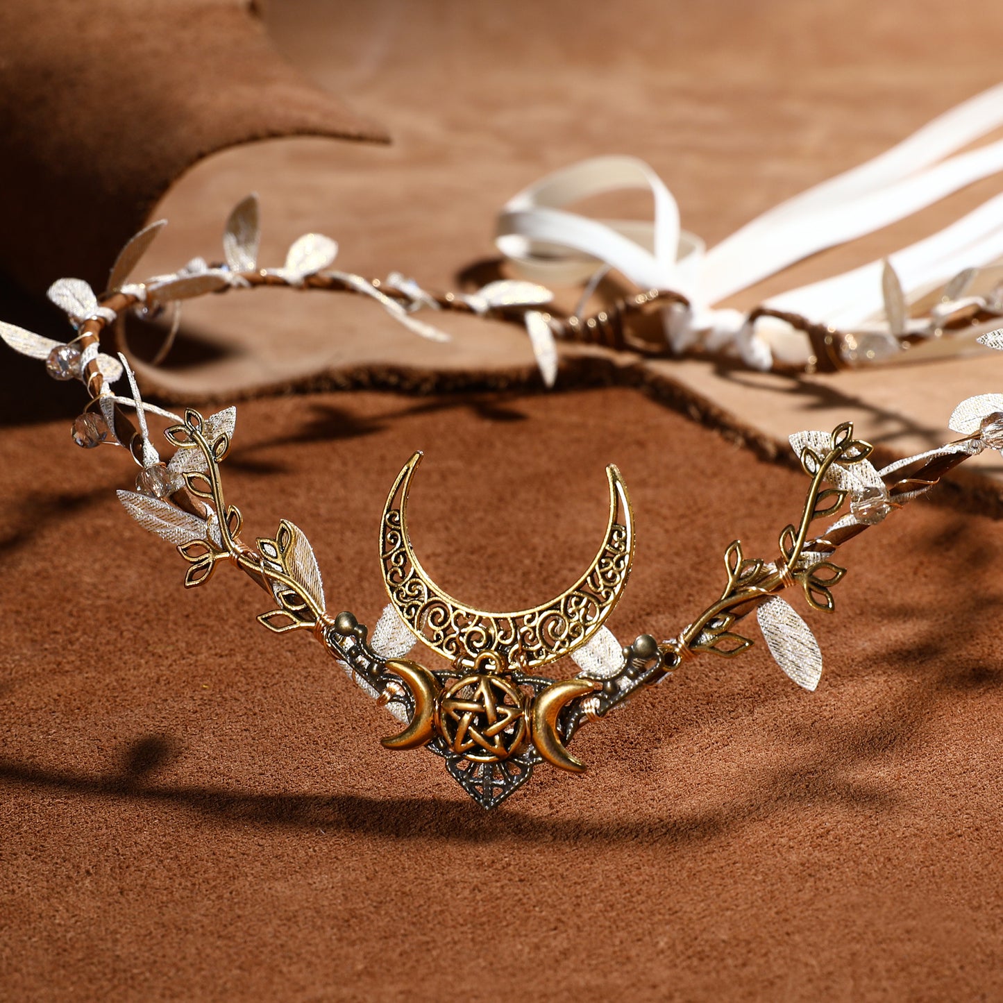 Gold Fairy Crown Moon Branch Headpiece Woodland Elf Headband