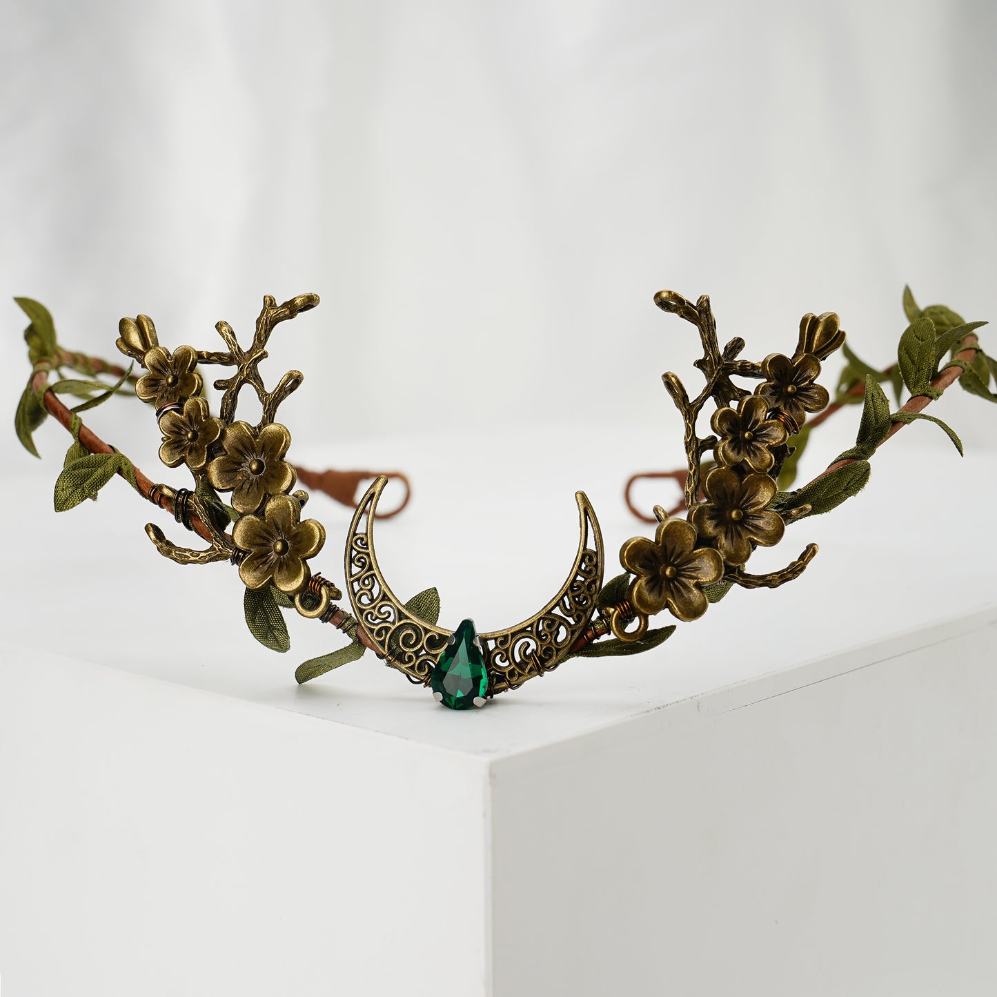 Elf Ears with Wood Leaf Crown: Peach Flower Fairy Circlet, Soft Pointed Elf Ears