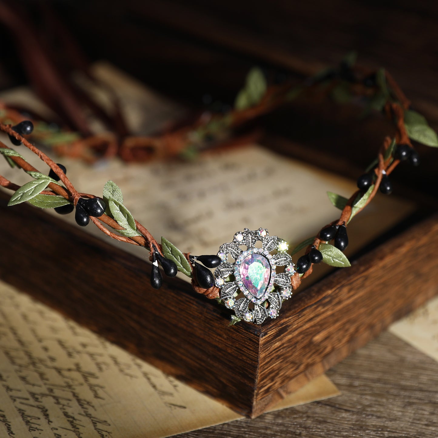 Woodland Forest Crown Black Twigs: Elf Vine Headpiece, Colored Crystal Circlet